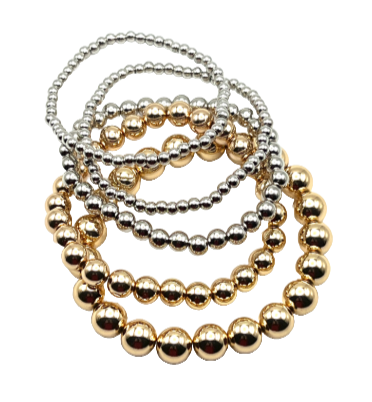 Stack of Gold and Silver Stretch Beaded Bracelets - Set of 5 with 3 bead sizes