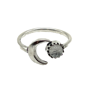 Silver Plated Crescent Moon with Moon Stone Adjustable Ring