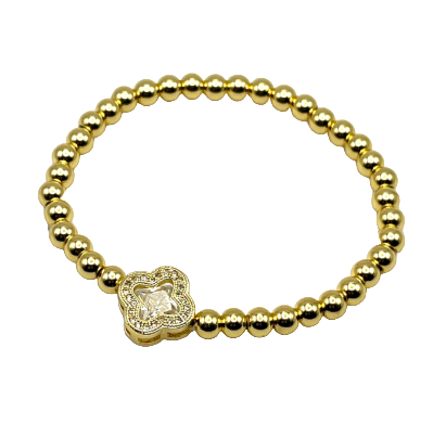 24/7 Wear Gold Clear Crystal Clover Ball Chain Stainless Steel Stretch Bracelet