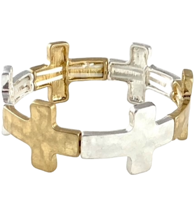 Two Tone Hammered Cross Stretch Eternity Bracelet