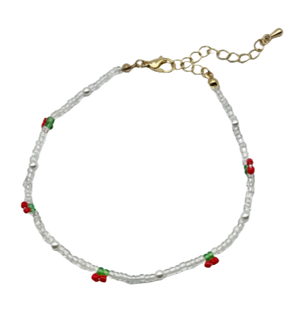 Cherry Beaded Anklet with White and Pearl Beads