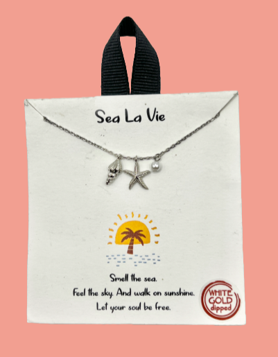 Sea La Vie Starfish and Shell Silver Inspirational Necklace on Gift Card