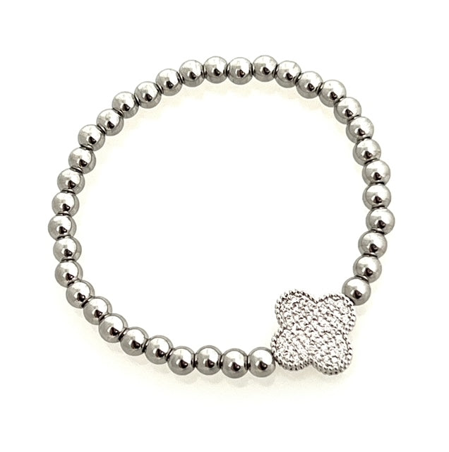24/7 Wear Silver Clover Stainless Steel Stretch Ball Chain Bracelet
