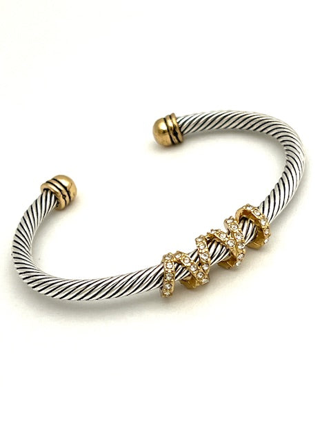 24/7 Wear Crystal Rope Wrap Two Tone Cable Stainless Steel Cuff