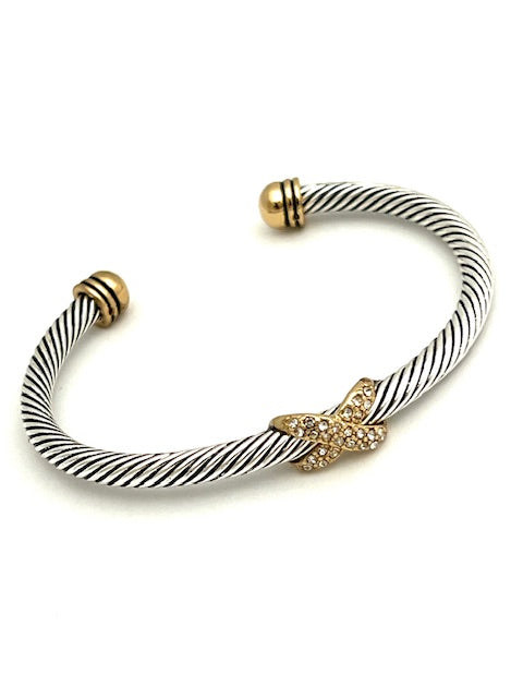 24/7 Wear Crystal X Two Tone Cable Stainless Steel Cuff