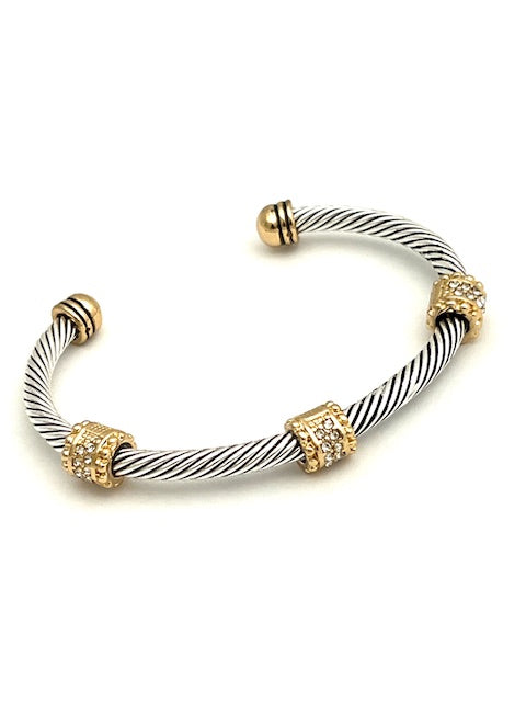 24/7 Wear Crystal Accents Two Tone Cable Stainless Steel Cuff
