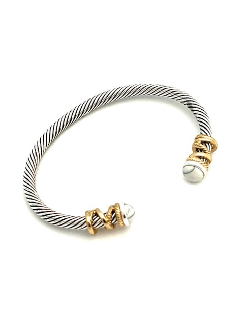 24/7 Wear Gold Rope and Stone End Caps Two Tone Cable Stainless Steel Cuff