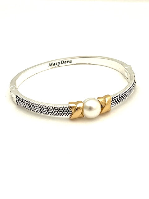 24/7 Wear Two Tone Stainless Steel Bangle with Pearl Xs and Clasp