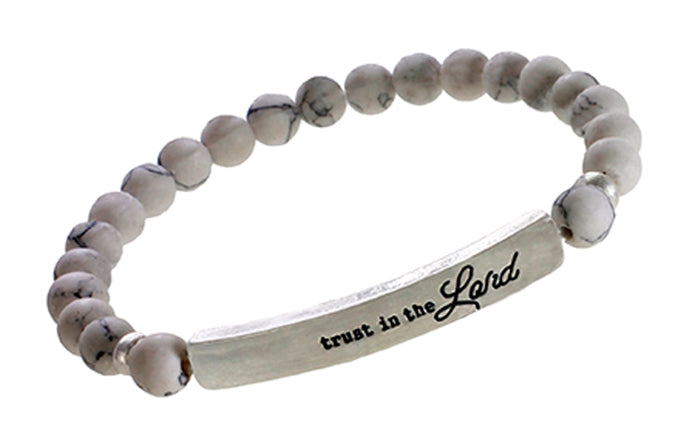 TRUST IN THE LORD White Howlite and Silver Natural Stone Inspirational Bracelet