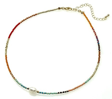 Multi Colors Bead Necklace with Freshwater Pearl Pendant