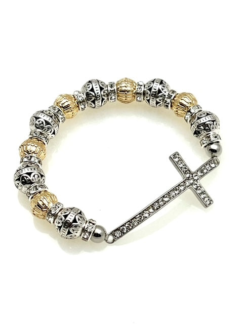 Two Tone Stretch Inspirational Bracelet with Beads and Crystal Cross