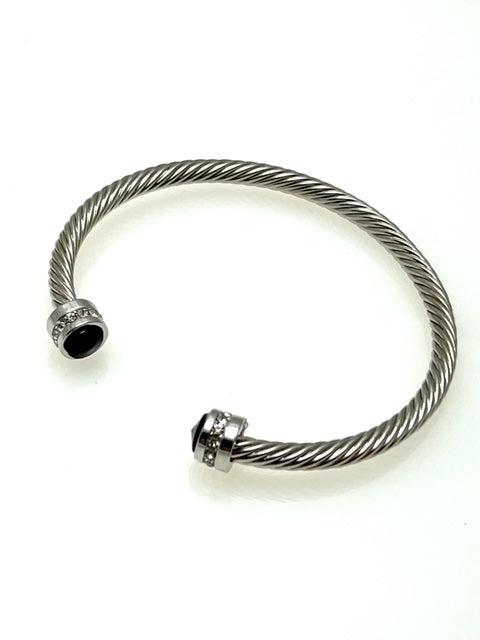 Black Crystal end cap Silver Cable cuff bracelet