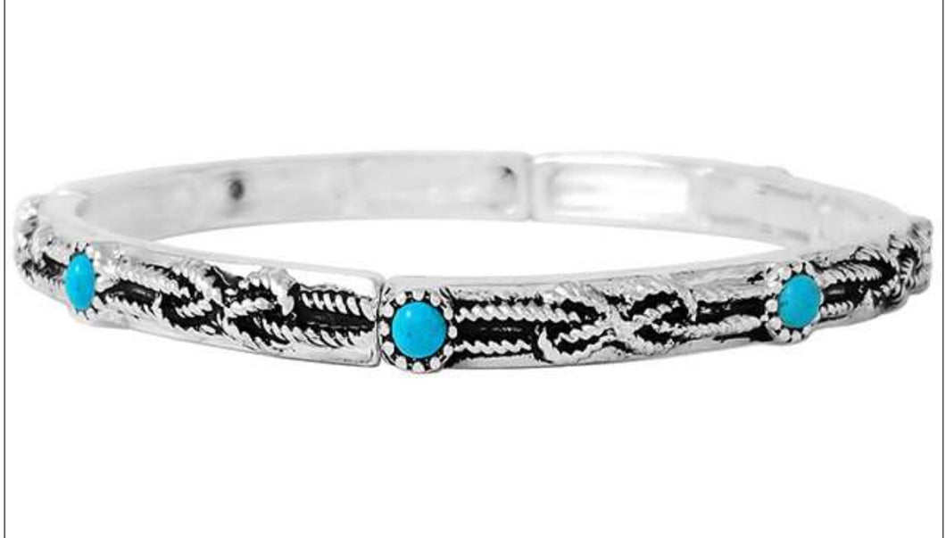 Bow design and Turquoise stones Silver Stretch Stackable Bracelet