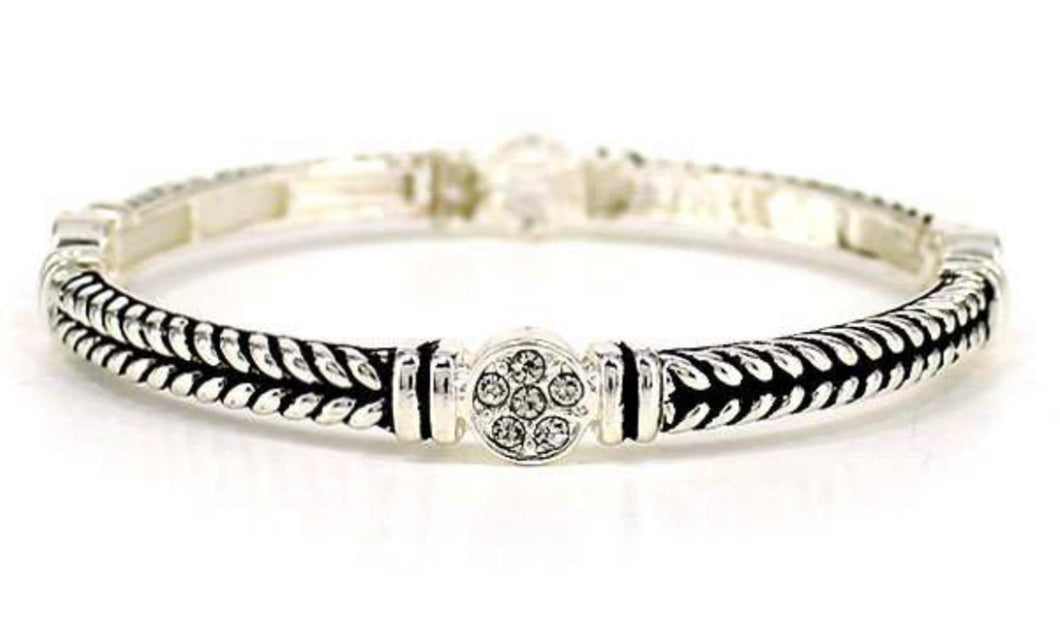 Braid design and Crystals Silver Stretch Stackable Bracelet