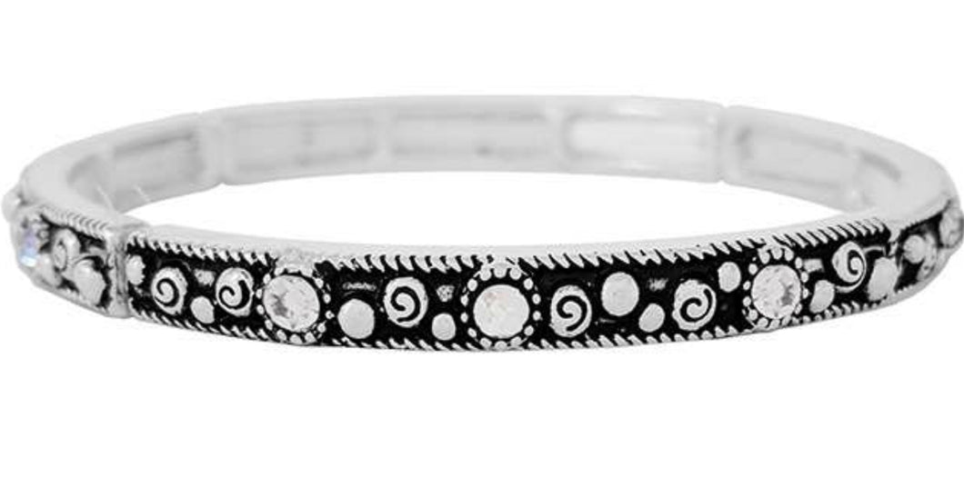 Beaded design and Crystals Silver Stretch Stackable Bracelet