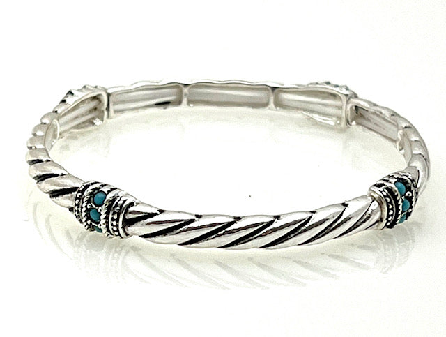 Rope design and Turquoise stones Silver Stretch Stackable Bracelet