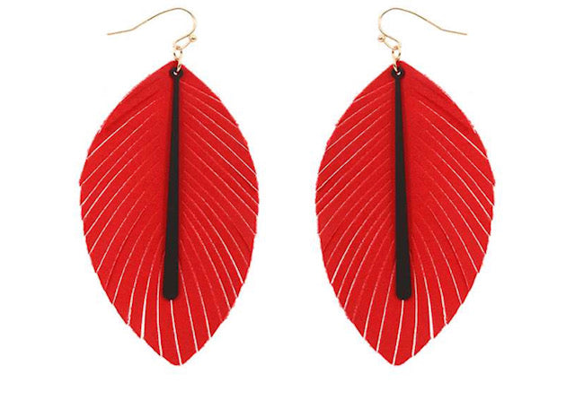 Red and Black Leather Feather with Bar Sport Earrings