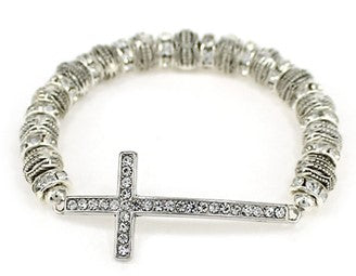 Silver Stretch Inspirational Bracelet with Beads and Crystal Cross