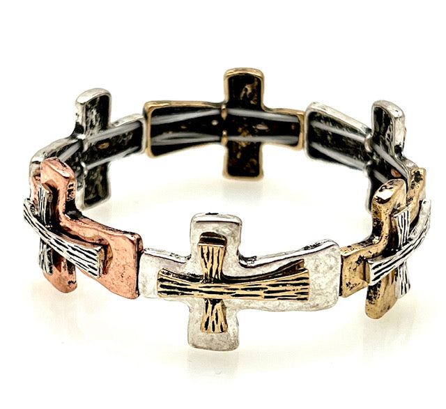 Multi Metal Artisan Stretch Bracelet w/ Layered Cross
