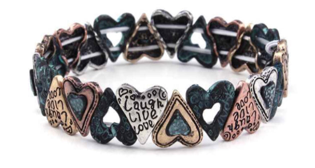 Hearts Laugh Live Love Patina Stretch Bracelet