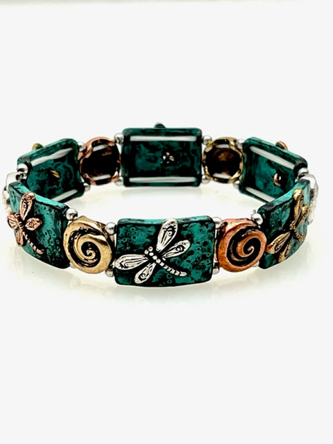 Dragonflies and swirls Patina Stretch Bracelet