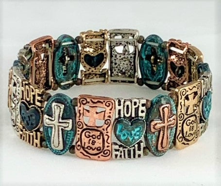 Faith Hope God is Love Patina Stretch Bracelet
