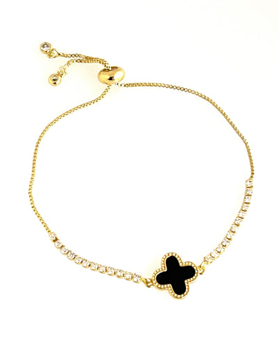 24/7 Wear Stainless Steel Gold and Crystal Clover Slider Bracelet