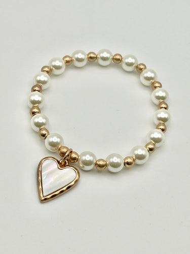 Mother of Pearl Heart Charm with Pearl and Gold Bead Stretch Bracelet