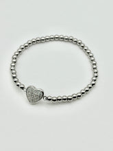 Crystal Heart Charm Stainless Steel Ball Bead Stretch Beaded Bracelet - Silver or Gold