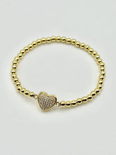 Crystal Heart Charm Stainless Steel Ball Bead Stretch Beaded Bracelet - Silver or Gold
