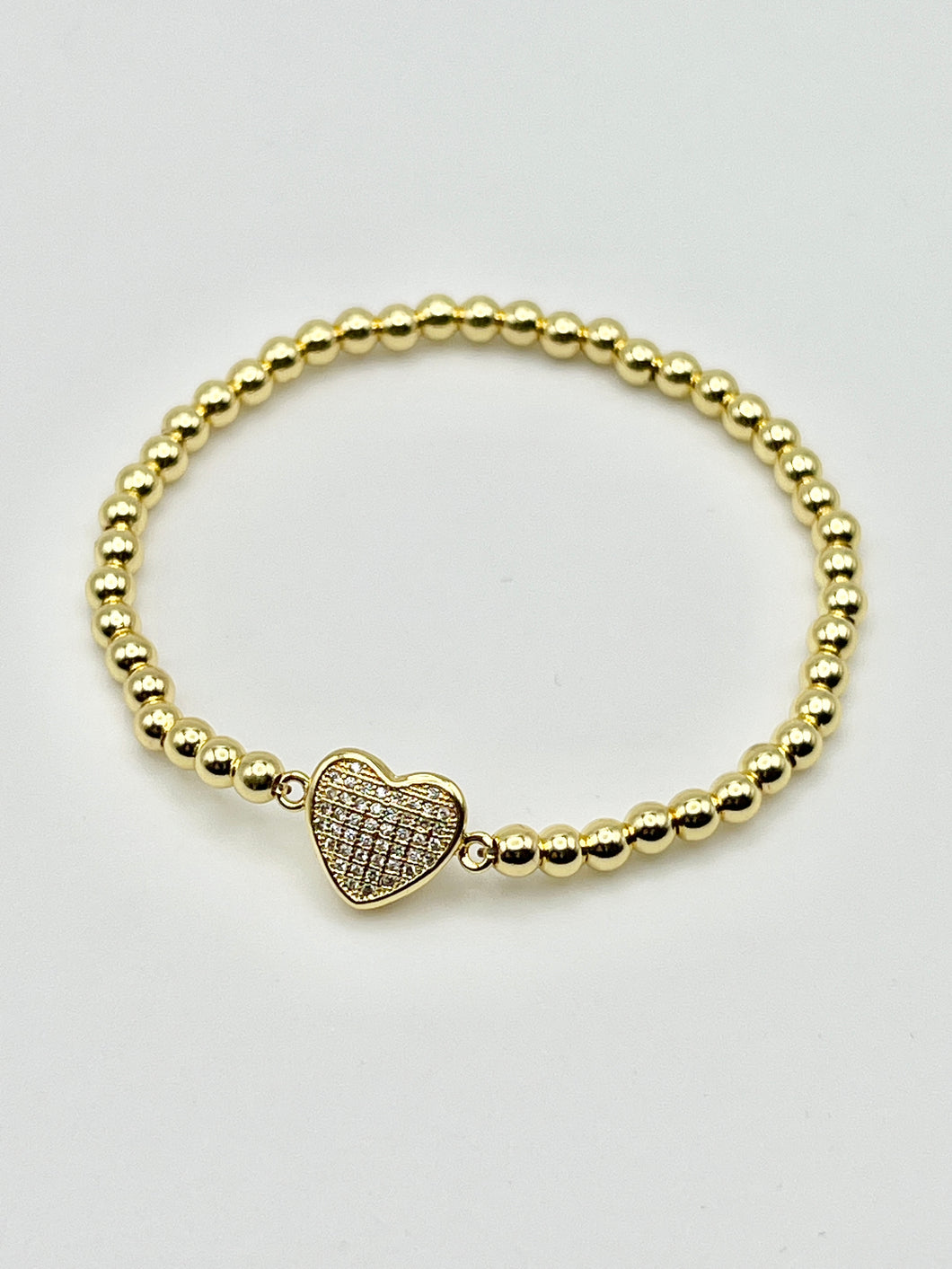 Crystal Heart Charm Stainless Steel Ball Bead Stretch Beaded Bracelet - Silver or Gold