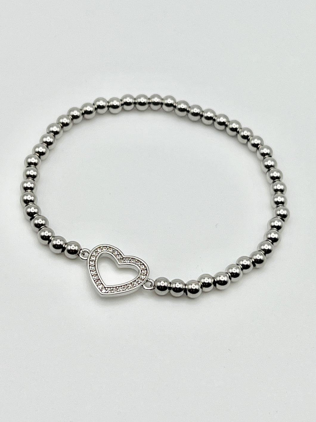 Open Heart Charm with Crystals Silver Stainless Steel Ball Bead Stretch Beaded Bracelet