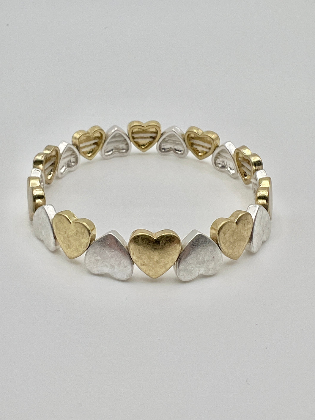 Heart Bead Stretch Bracelet in 4 Metal Colors - Silver Gold Two Tone and Patina