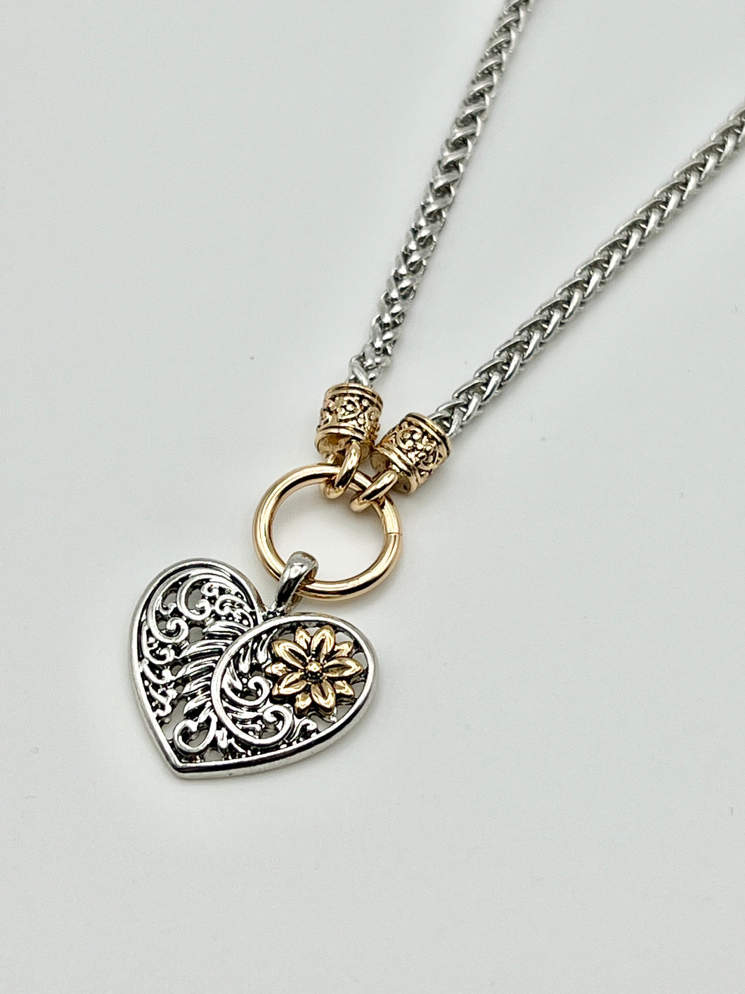 24/7 Wear Filigree Heart with Flower Pendant Two Tone Stainless Steel Necklace with 18