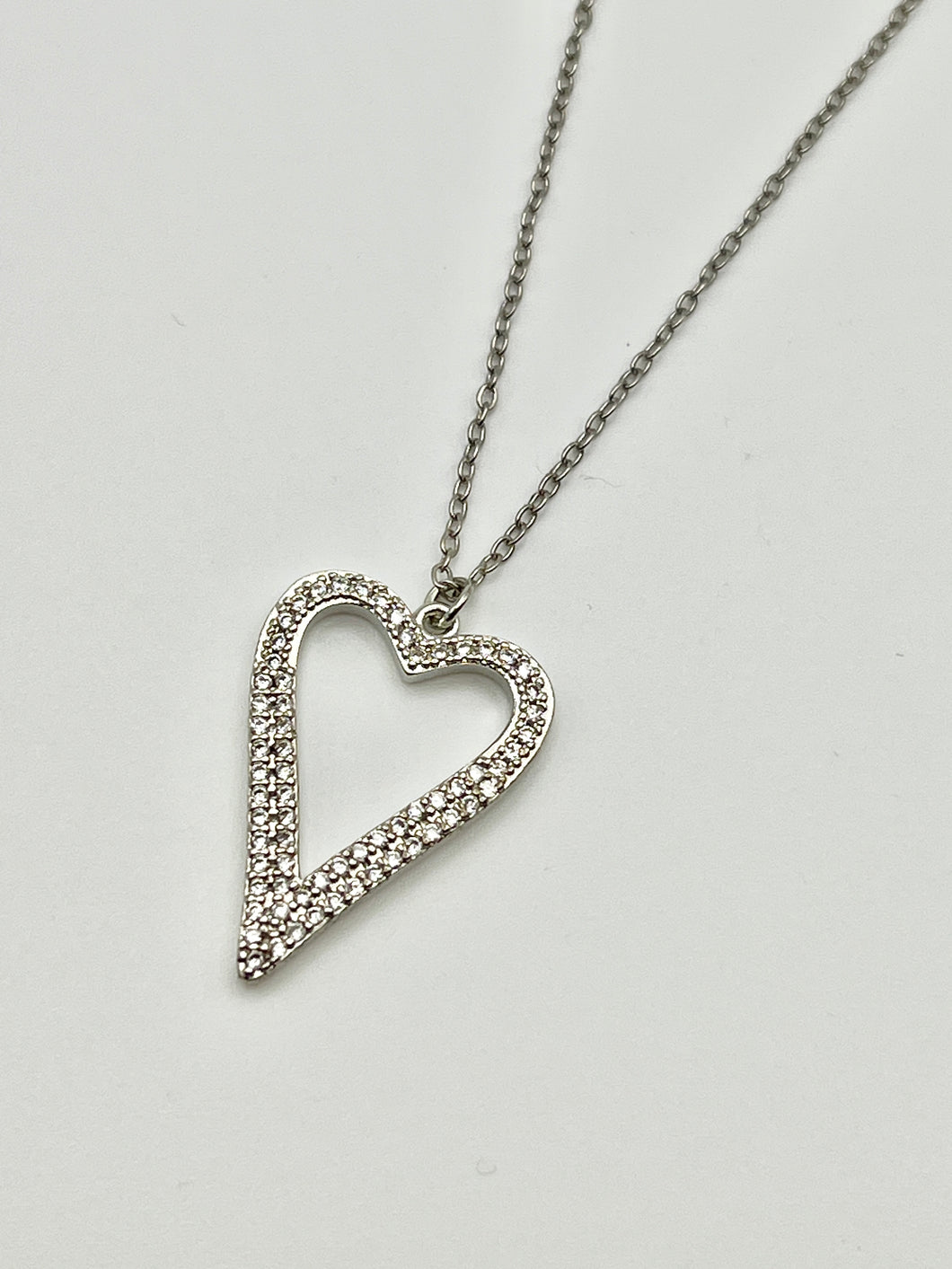 Open Heart Silver Crystal Charm Necklace with 16 inch Cable Chain