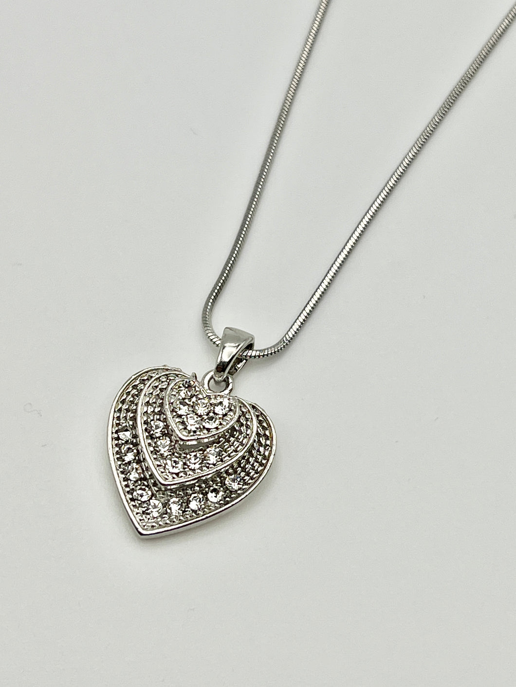 3 Layer Heart Silver Crystal Charm Necklace with 16 inch Serpentine Chain