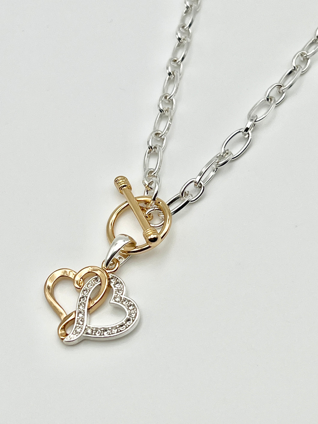 24/7 Wear Double Heart Pendant Two Tone Stainless Steel Necklace with 18