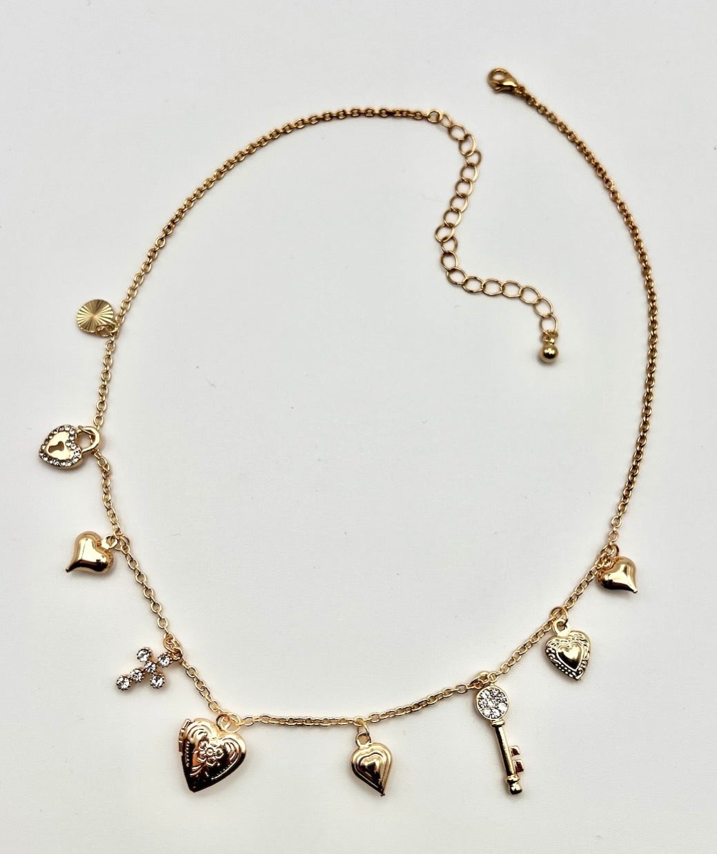 Gold Multiple Charm Necklace with 16 inch Chain and extension