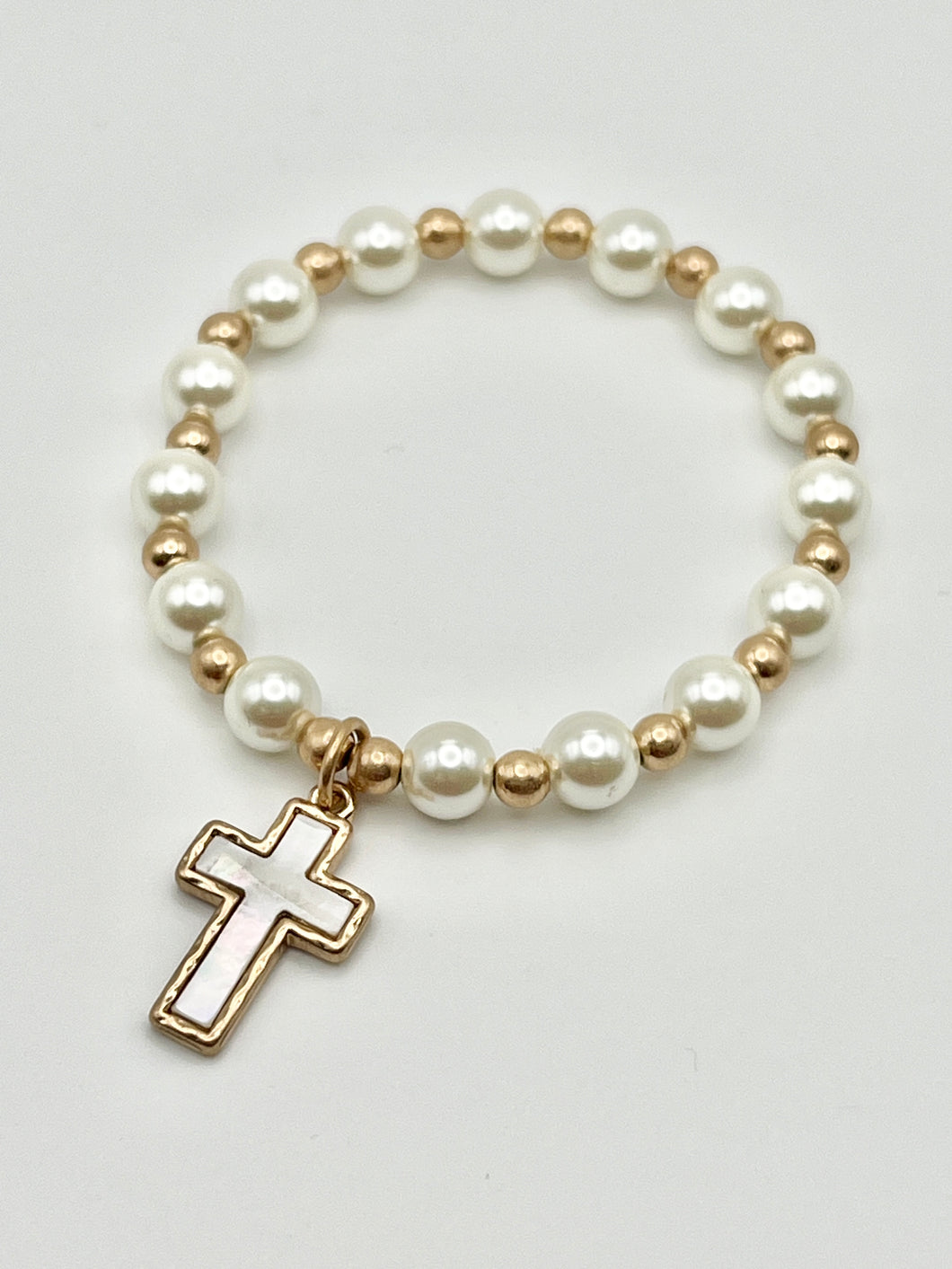 Mother of Pearl Cross Charm with Pearl and Gold Beads Stretch Bracelet