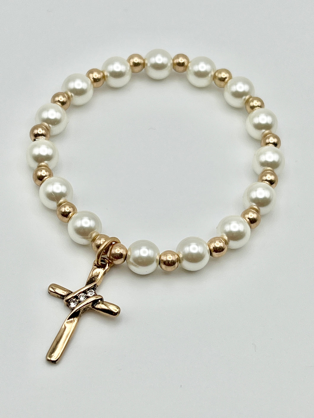 Gold Cross Charm with Pearl and Gold Beads Stretch Bracelet
