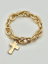 Matte Finish Cable Chain Stretch Bracelet with Cross Charm in Two Tone, Gold or Silver