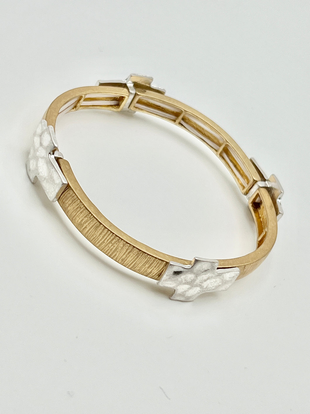 Matte Two Tone 4 Silver Cross Charm design Gold Stretch Designer Bracelet