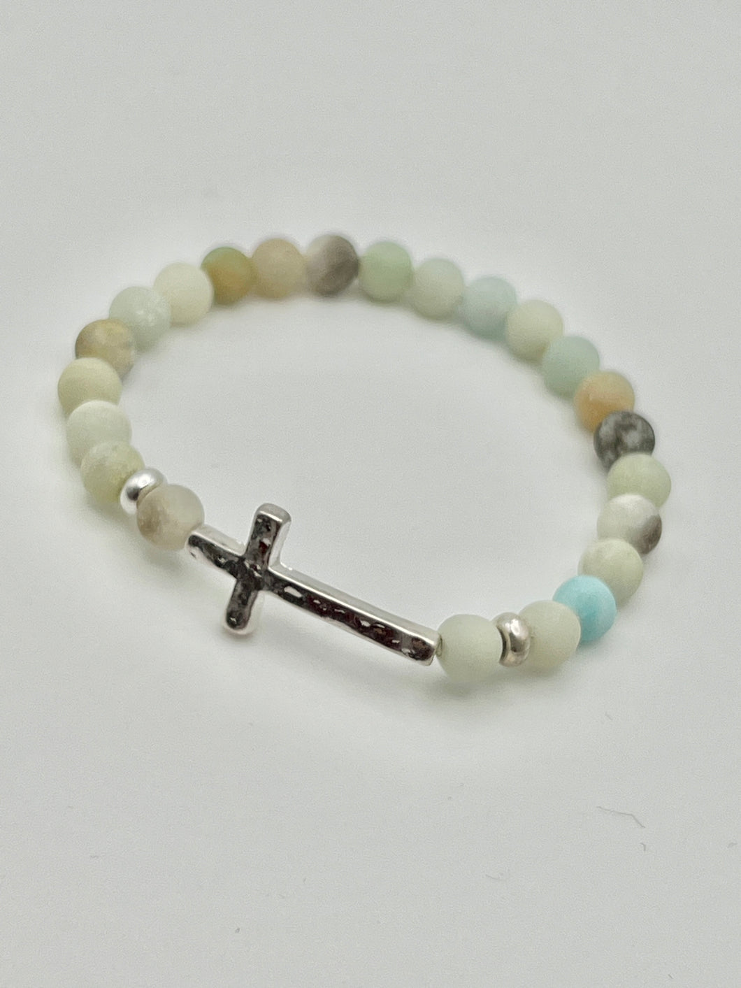 Amazonite Raw Stone Bead Stretch Bracelet with Hammered Cross Charm