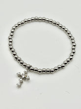 Cross Charm Stainless Steel Ball Bead Stretch Beaded Bracelet - Silver or Gold