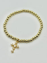 Cross Charm Stainless Steel Ball Bead Stretch Beaded Bracelet - Silver or Gold