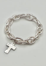 Matte Finish Cable Chain Stretch Bracelet with Cross Charm in Two Tone, Gold or Silver