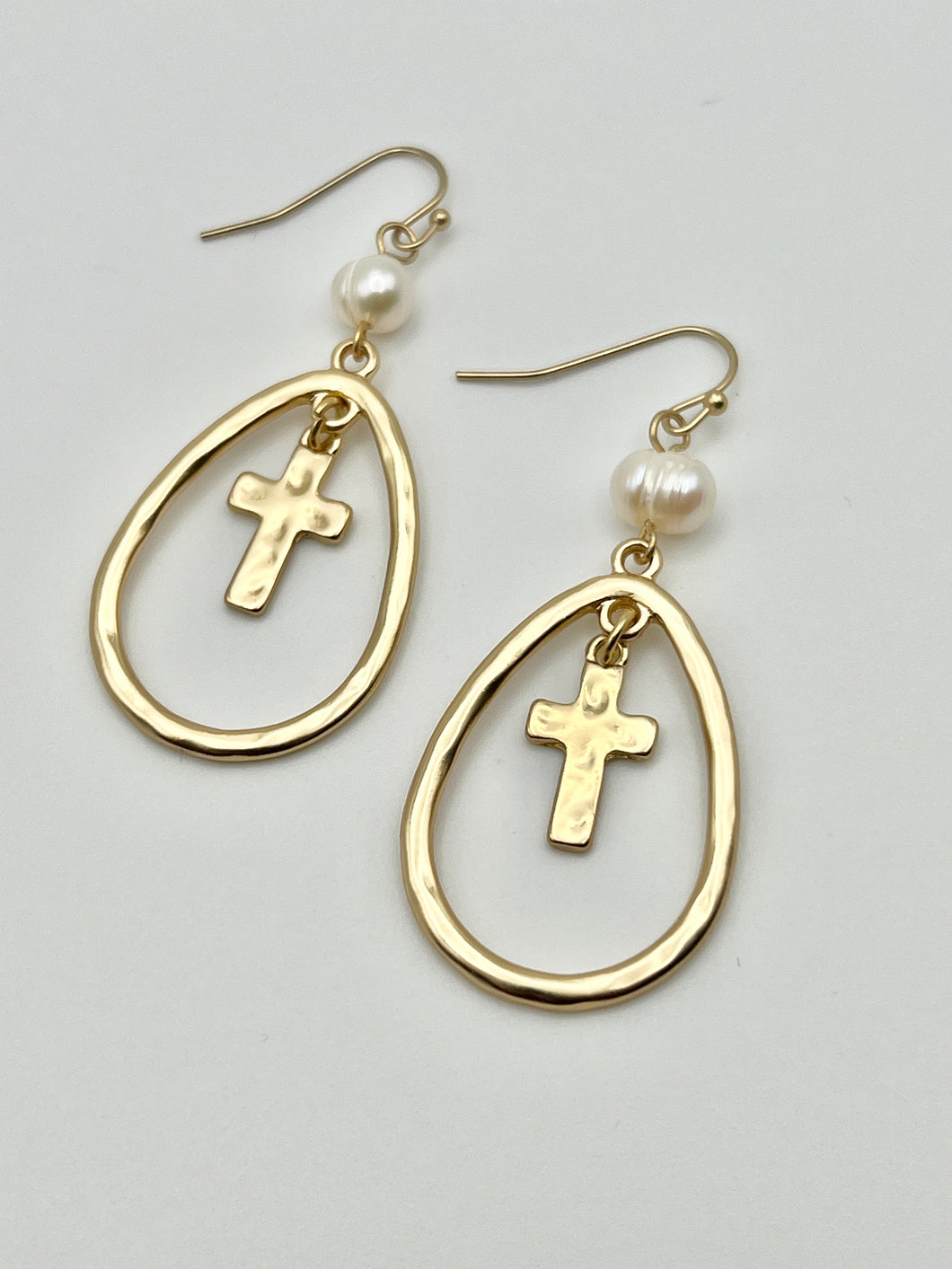 Gold Hammered Oval with Cross and Freshwater Pearl Earrings