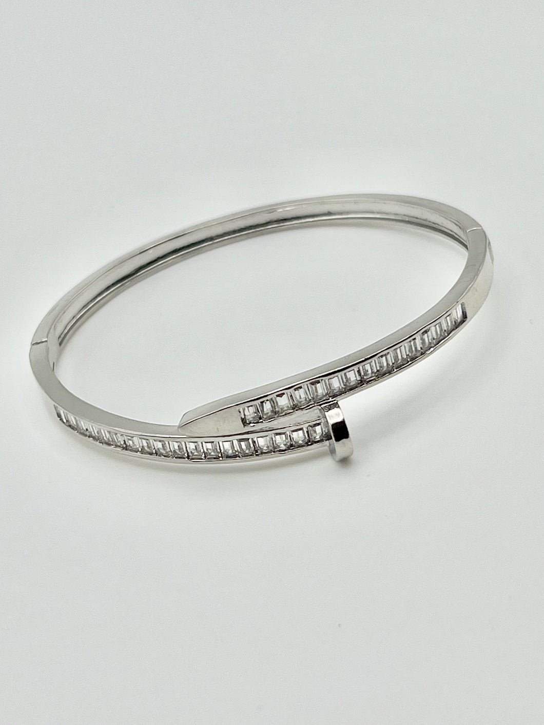 24/7 Wear Nail Bracelet with Crystals Stainless Steel Bangle with Hinge closure - Silver or Gold