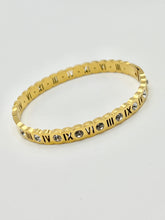 24/7 Wear Scalloped Gold and Crystal Stainless Steel Roman Numeral Bangle with Clasp - 2 Widths available