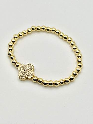 Crystal Clover Charm Stainless Steel Ball Bead Stretch Beaded Bracelet - Silver or Gold